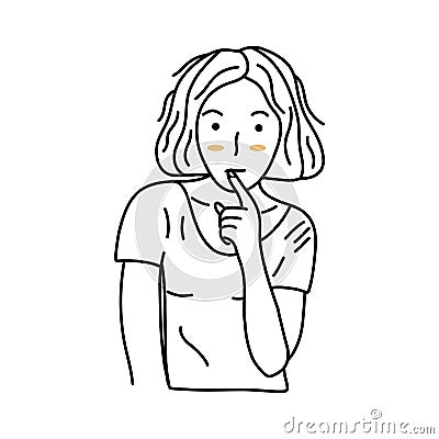 Pensive young girl holds finger near her lips. Vector Vector Illustration