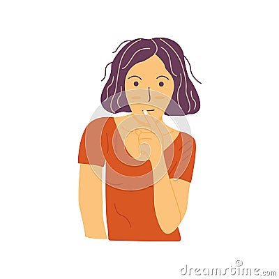 Pensive young girl holds finger near lips. Vector colorful Vector Illustration