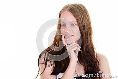 Pensive young woman with finger on lip looking aside dreaming on white background copy space Stock Photo