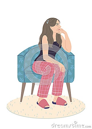 Pensive Young Woman Sitting in Armchair Vector Illustration