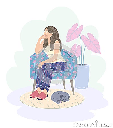 Pensive Young Woman Sitting in Armchair and Sleeping Cat Vector Illustration