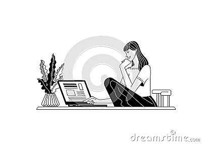 Pensive young woman working at laptop linear vector illustration Vector Illustration