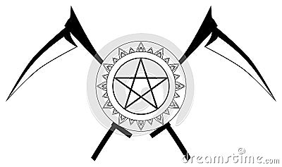 Pentagram with sickles, black and white, esotericism, isolated. Cartoon Illustration