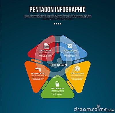 pentagon base shape template infographic with round triangle shape connection with dark background style for slide presentation Stock Photo