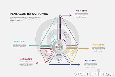 pentagon or pentagonal infographic outline style with 5 point template with big arrow top direction and arrows pointer for slide Stock Photo