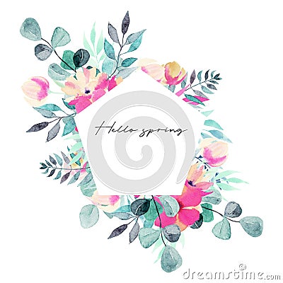 Pentagonal frame of watercolor spring plants: pink flowers and eucalyptus branches Cartoon Illustration