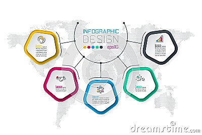 Pentagons label infographic with five steps Vector Illustration