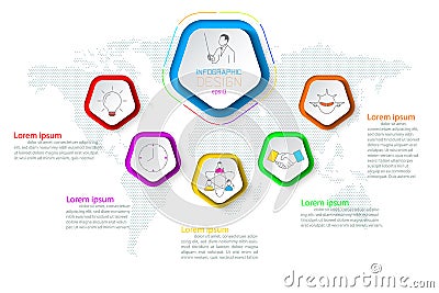 Pentagons label infographic with 6 steps. Vector Illustration