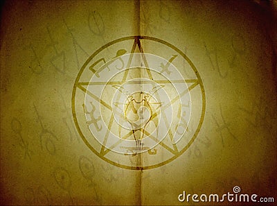 Pentagram and mystic signs on old paper background Stock Photo