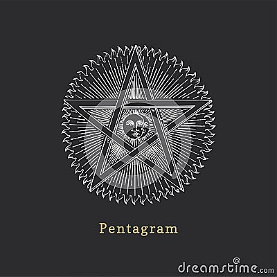 Pentagram with Sun and Crescent, vector illustration in engraving style. Vintage pastiche of esoteric and occult sign. Vector Illustration