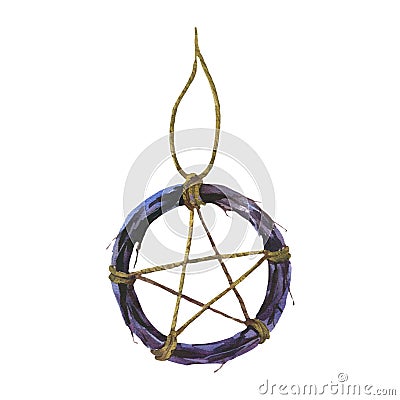 Pentagram symbol made of whip in circle of branches connected by threads. Witchcraft, Magic, Occult and esoteric concept Cartoon Illustration