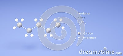 pentane molecule, molecular structures, alkane, 3d model, Structural Chemical Formula and Atoms with Color Coding Stock Photo