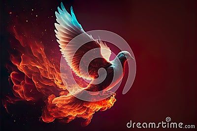 Pentecost Sunday. Pentecost background with flying dove and fire. Created by Generative Al. Cartoon Illustration