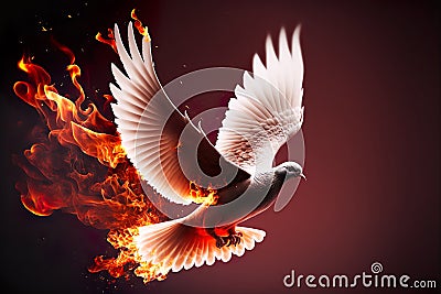 Pentecost Sunday. Pentecost background with flying dove and fire. Generative Ai. Cartoon Illustration