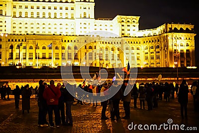 Peolpe protesting in front of People House, Bucharest, Romania Editorial Stock Photo