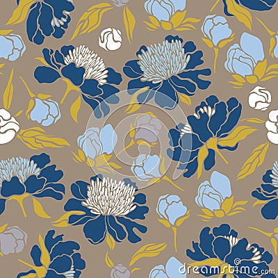 Seamless floral pattern with peonies. Texture with meadow flora for surfaces, paper, wrappers, backgrounds, scrapbooking. Vector Illustration