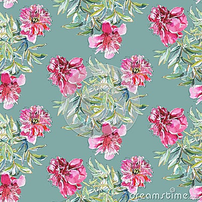 Peonies on green background, seamless pattern Stock Photo