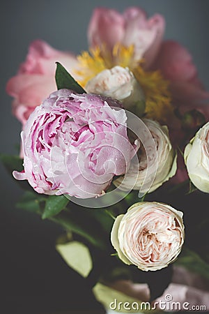 Peonies and roses bouquet. Shabby chic pastel bouquet Stock Photo