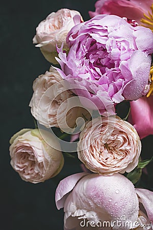 Peonies and roses bouquet. Shabby chic pastel bouquet Stock Photo