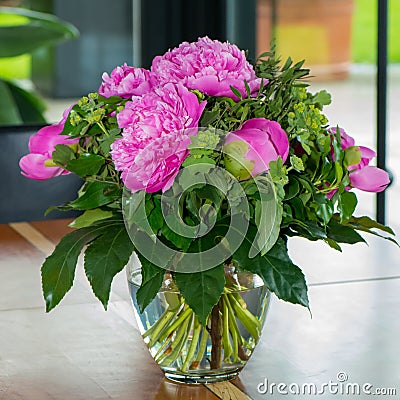 Peonies in vase, pink peony flowers blooming in glass vase in modern room. Stock Photo