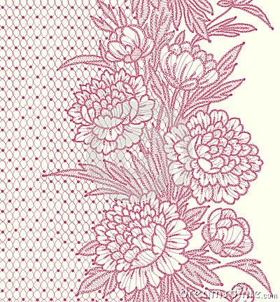 Peonies. Vertical lace Seamless Pattern. Vector Illustration