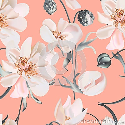 Peony beige watercolor bloom garden floral design, rose flower nature design, macro seamless pattern pink Stock Photo