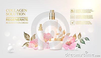 Peony cosmetic label of organic cosmetic and skin care cream. Peonies oil and cream. Moisturizer with Vitamins and Vector Illustration