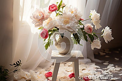 Peony elegance bouquets grace white podiums, chic interior flower decor Stock Photo