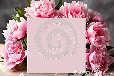 Peony elegance Festive background with pink peonies and empty sheet Stock Photo