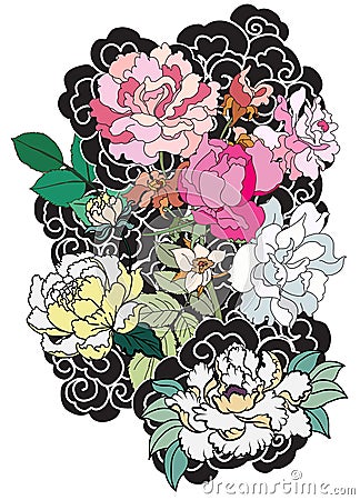 Peony flower and rose tattoo on cloud and wave background.Hand drawn Japanese tattoo style Vector Illustration