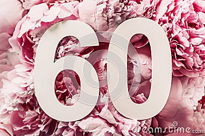 Peony flowers, digit sixty. Birthday greeting card with inscription 60. Anniversary concept. Top view. White numeral on flower Stock Photo