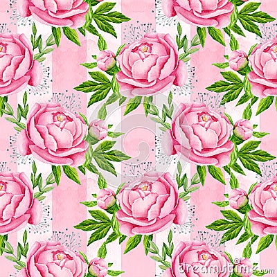 Peony flowers seamless pattern background. Tender pink flowers. Wedding design. Watercolor illustration Stock Photo