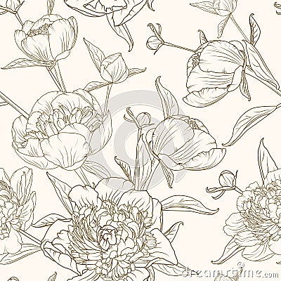 Peony flowers seamless pattern brown beige sepia Vector Illustration