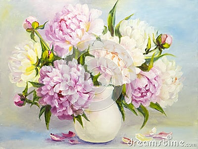 Peony flowers in a white vase Cartoon Illustration