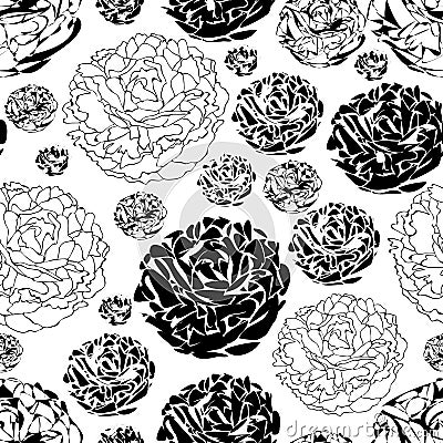 Peony Garden-Flowers in Bloom seamless repeat pattern Background in Black and White Vector Illustration