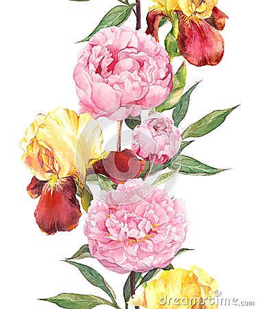 Peony and iris flowers. Seamless border frame. Watercolor Stock Photo