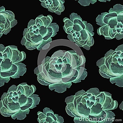 peony neon blue green,turquoise color watercolor multi-layered flower blooms Stock Photo