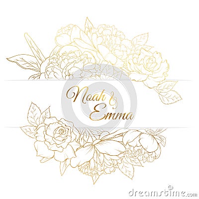 Peony rose flowers frame golden wedding invitation Vector Illustration