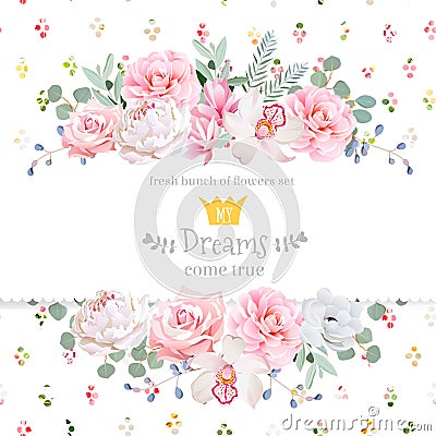 Peony, rose, orchid, camellia, pink flowers and decorative eucaliptus leaves vector design card Vector Illustration