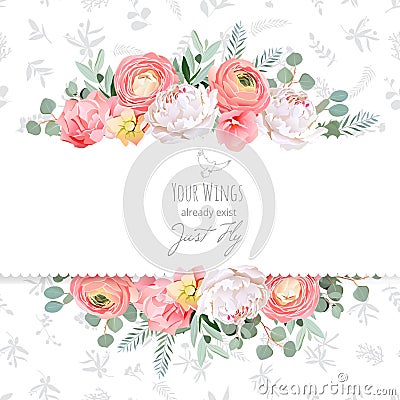 Peony, rose, ranunculus, pink flowers and decorative eucaliptus leaves vector design card Vector Illustration