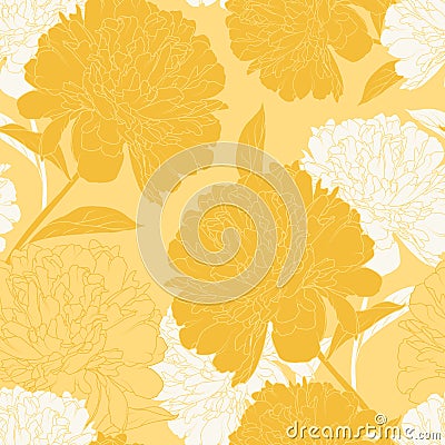 Peony seamles pattern on yellow background. Vector Illustration