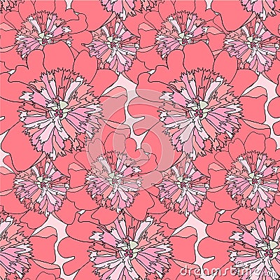 Peony seamless pattern. Pink flower thin black outline background design element Vector Illustration