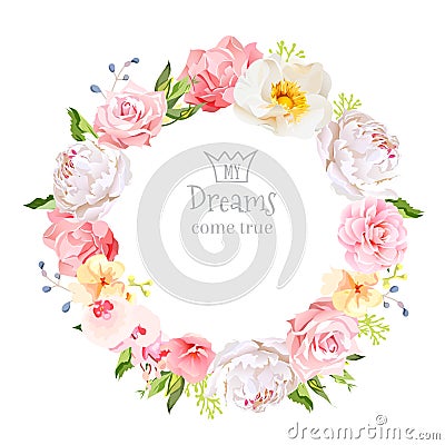 Peony, wild rose, orchid, carnation, camellia, blue berries and green leaves vector design round frame. Vector Illustration