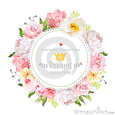 Peony, wild rose, orchid, carnation, camellia, hydrangea, blue berries and green leaves vector design round card Vector Illustration