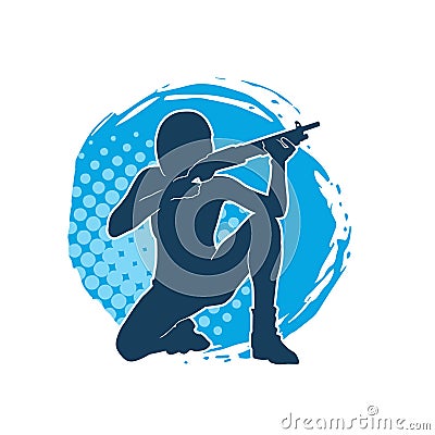 Silhouette of a female warrior in action pose with riffle gun weapon. Vector Illustration