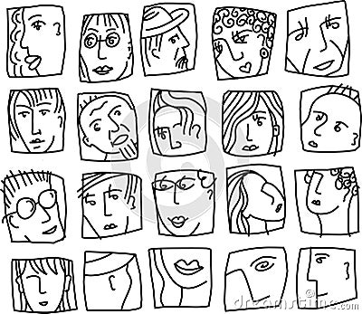 People abstract faces avatars characters black and white icons set Vector Illustration