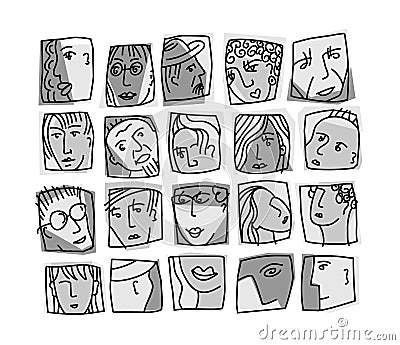 People abstract faces avatars characters grayscale icons set Vector Illustration