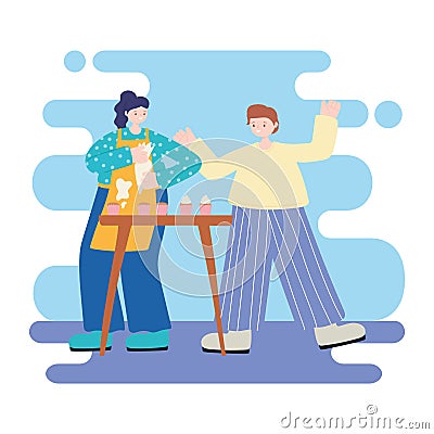 People activities, couple cooking sweet cupcakes cartoon Vector Illustration