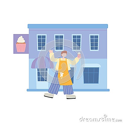 People activities, seller building cupcake shop bakery dessert Vector Illustration