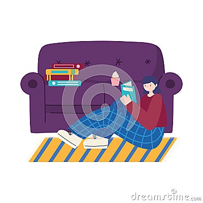 People activities, young woman sitting reading book, sofa with books and cupcake Vector Illustration